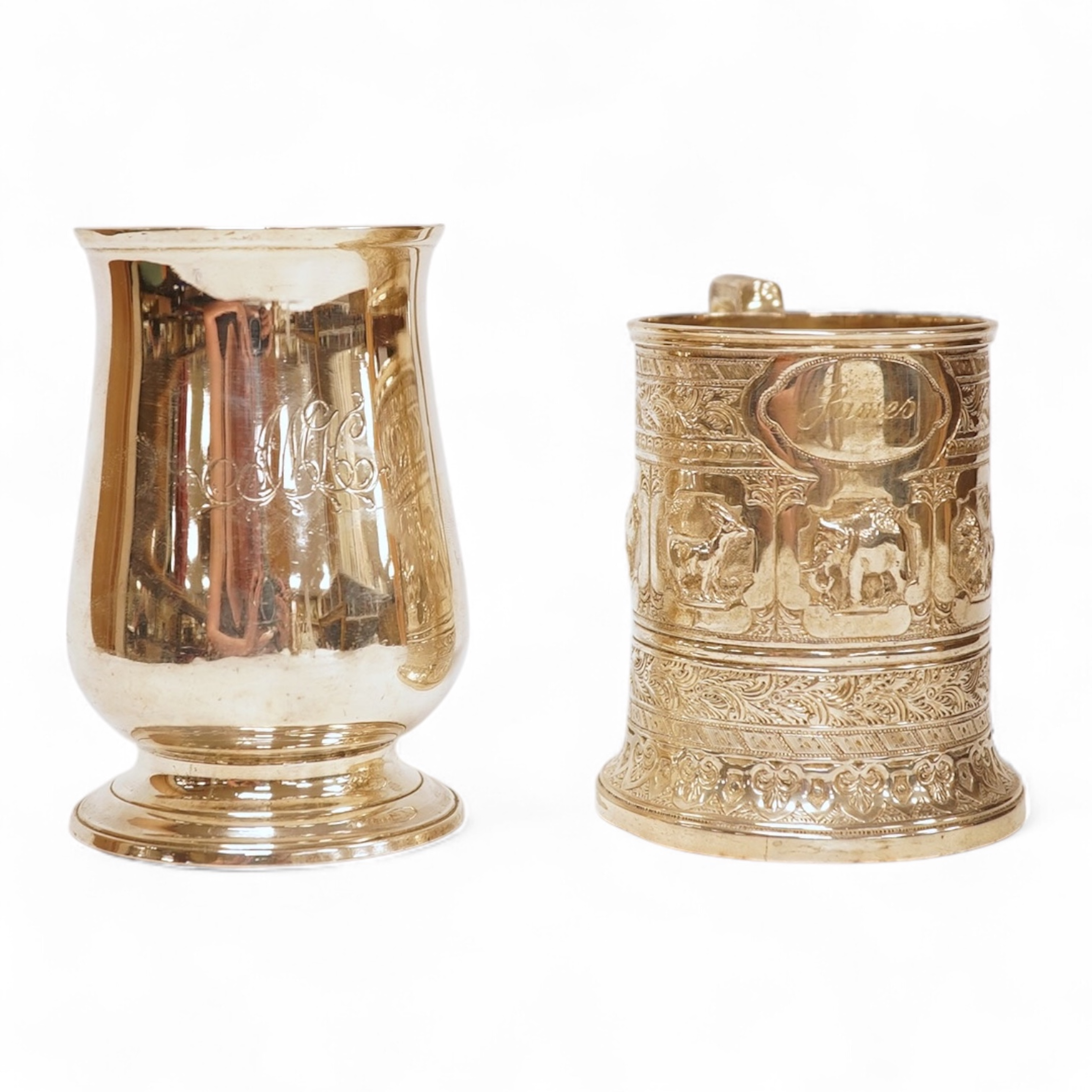 A George III silver baluster mug, Peter & Ann Bateman?, London, 1797, height 10.6cm, together with a late Victorian embossed silver christening mug, Glasgow, 1893, 12.2oz.